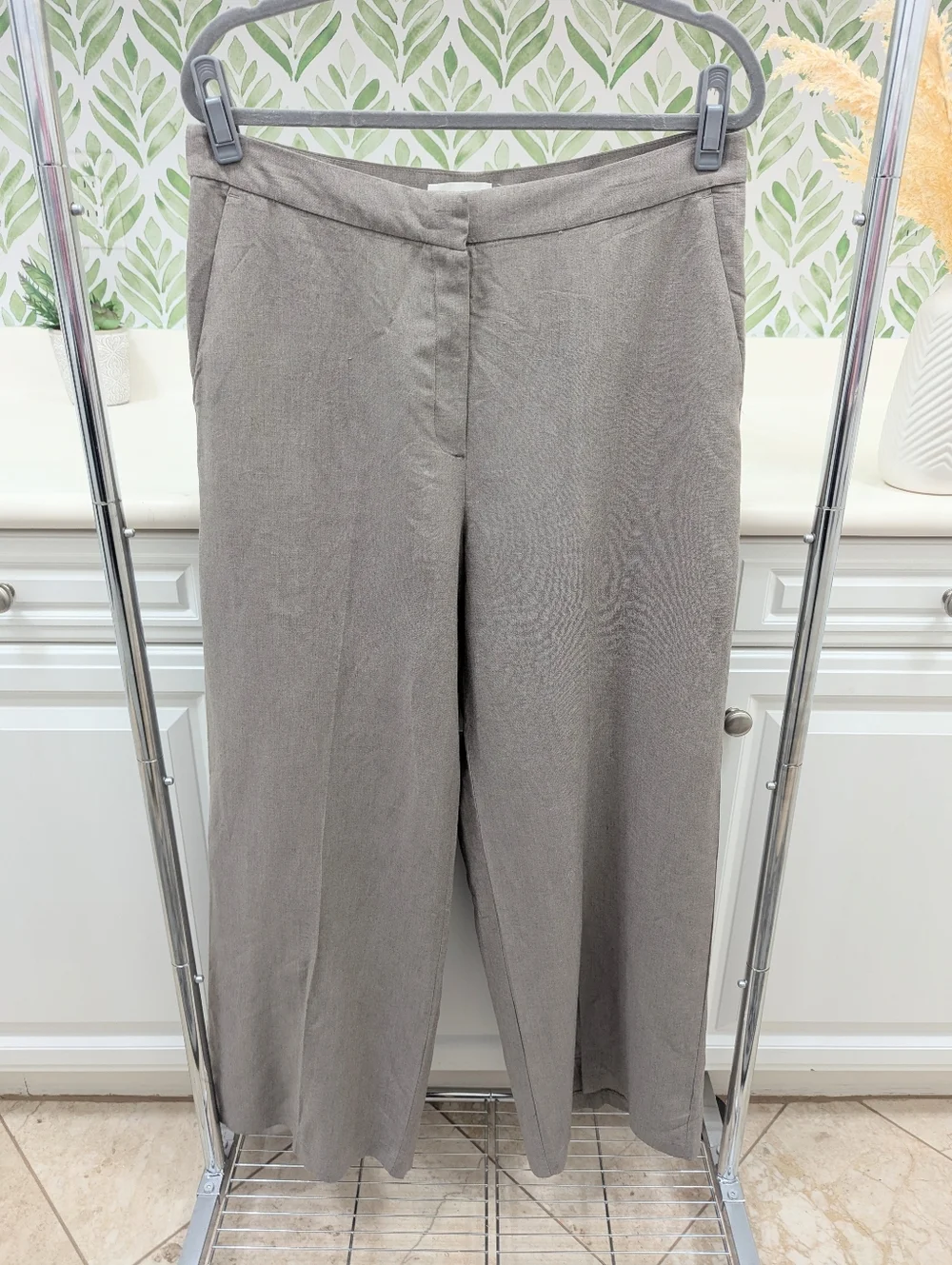 H&M Linen-Blend Pants in Taupe Gray Women's 12 Wide Leg Summer